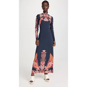 LA DOUBLEJ Navy Paisley Gold Pendant High Neck A-Line Halle Dress Size XS - Picture 1 of 24