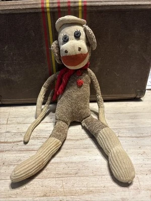 Vintage Hand Sewed Sock Doll Monkey 18”  Big Ears, Button Eyes Very Old. - Image 1 of 4