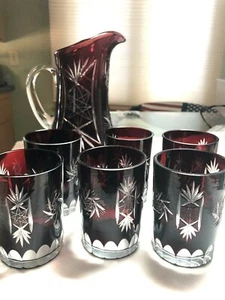 Antique Cut To Clear Bohemian Ruby Glass Water Pitcher & 6 Tumblers - Picture 1 of 7