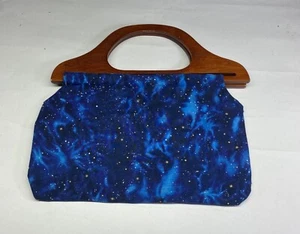 Vintage Fabric Purse With Wooden Handles Deep Blue sky Pattern - Picture 1 of 5