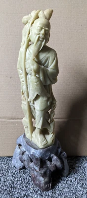 Antique early 20th C Chinese carved soapstone figure of a fisherman 10" - Image 1 of 4