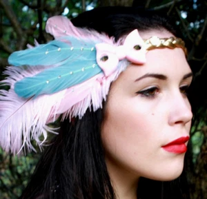 PASTEL PINK BLUE Headband feathers, bow decor 1920'S Burlesque Headdress - Picture 1 of 4