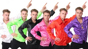 MENS 60s 70s DISCO RUFFLE SHIRTS ADULTS FANCY DRESS COSTUME FRILLY TOP SHIRT - Picture 1 of 12
