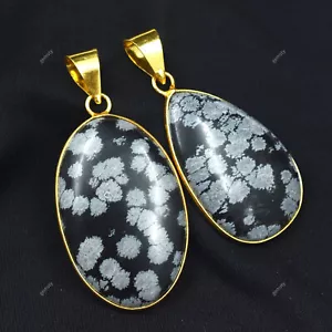 Sterling Pendant Oval-Pear 73 Ct Snowflake Obsidian 925 Silver Gems Natural - Picture 1 of 11