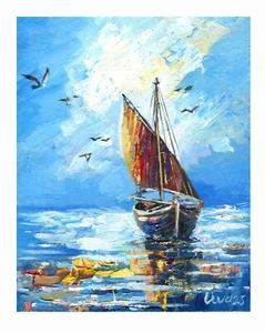 Boat, Acrylic Painting, Marine, Original Art, Impasto, Wall Art Canvas - Picture 1 of 5