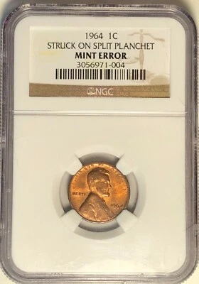 1964 Lincoln Cent, Struck on a Split Planchet Mint Error NGC Authenticated Error - Image 1 of 4