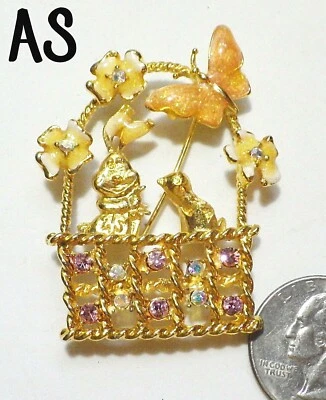 Signed AS Enamel & AB Crystal Bunny Chick Butterfly Flower Easter Basket Pin 2" - Image 1 of 2