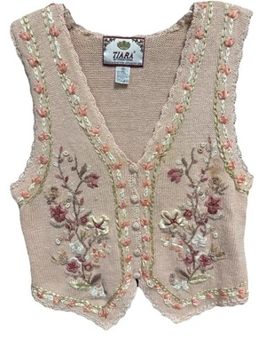 Vintage Sweater Vest Medium Pink Embroidered Floral Knit  Tiara International - Image 1 of 4