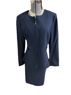NEW $280 Tahari ASL Skirt Suit Size 16 Two Piece Set Blue White Pinstripe Zip - Image 1 of 4