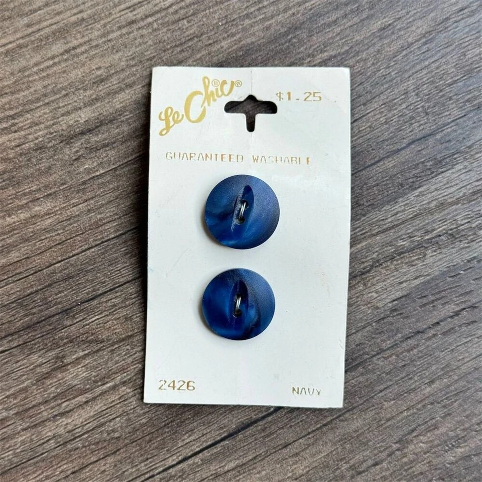 NEW 1950s Vintage Le Chic Buttons on Card Navy Blue Flat 2 Pc 3/4" Round 2 Hole - Image 1 of 3