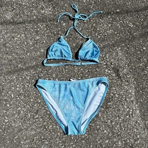 Vintage Blue Metallic Snakeskin Animal Print Triangle High Cut Bikini Size 8 - Picture 1 of 5