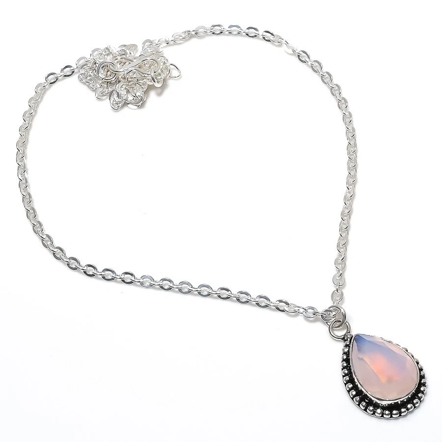 Fire Opal Gemstone Handmade 925 Sterling Silver Jewelry Necklace Size 18" - Image 1 of 1