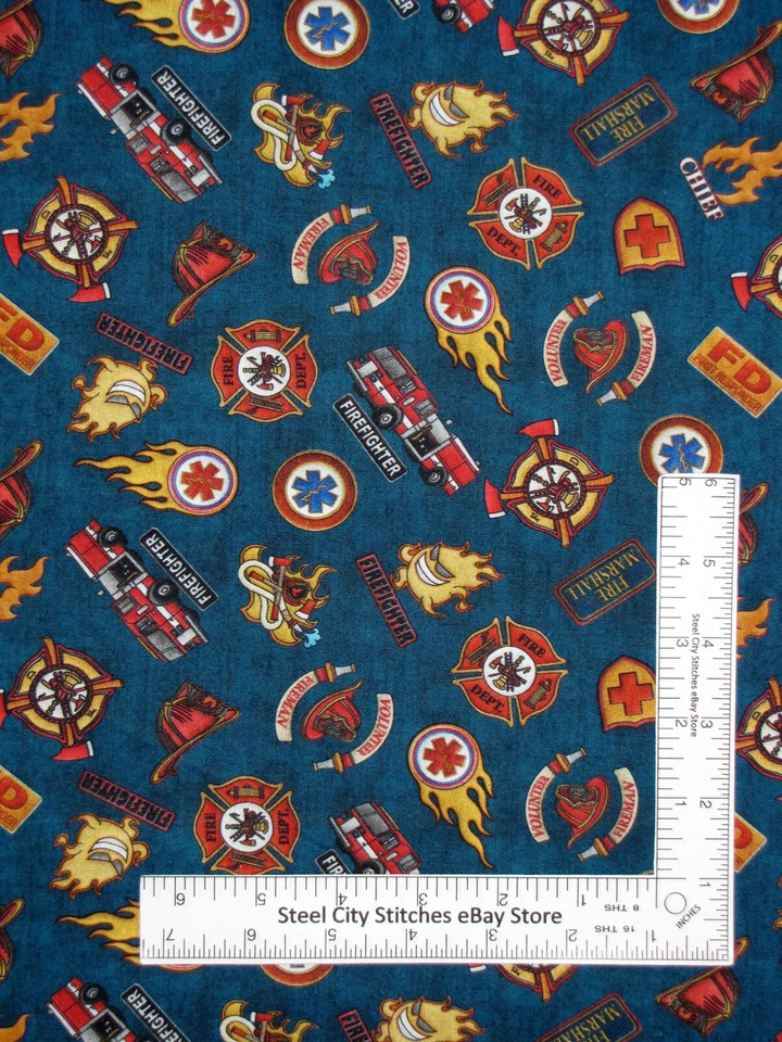 Tela de rescate de bomberos bombero EMS insignias sombreros de bombero azul QT algodón por yarda Foto 1 de 1