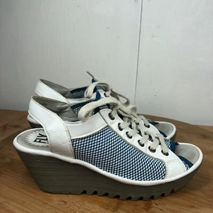 Fly London Shoes 37 Womens 6.5 Yedu White Leather Wedge Sandals Lace Up Casual - Picture 1 of 12