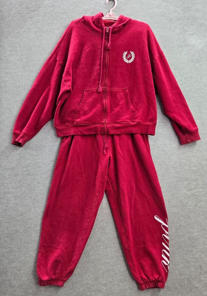 PINK Women Hoodie Sweatpants Set Large Red Long Sleeve Logo READ - Image 1 of 4