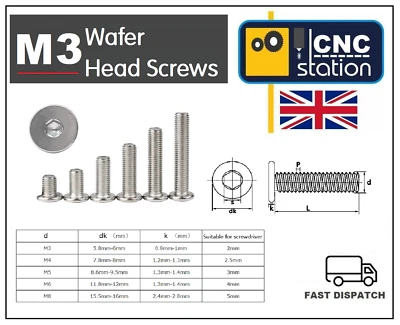M3 M4 M5 M6 M8 THIN FLAT HEAD LOW PROFILE SCREWS M3 Ultra Thin Wafer Flat Head Low profile Screws Bolt Allen Key Stainless Steel
