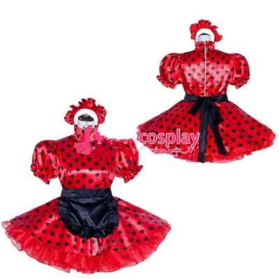 Vestido de satén French Sissy Maid bloqueable puntos rojos uniforme disfraces y Foto 1 de 4
