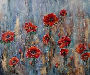 Poppies Oil Painting on Stretched Canvas Flowers Red Impasto 16x20 inches
