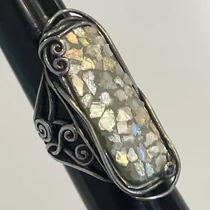 Modern Designer LIRM Israel Sterling Silver Mosaic Roman Glass Large Ring Sz 5.5 - Picture 1 of 5