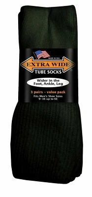 Extra Wide Tube Socks Size 9-16 Up to 6E Stretch 3-Pack BLACK Made in USA - Image 1 of 4