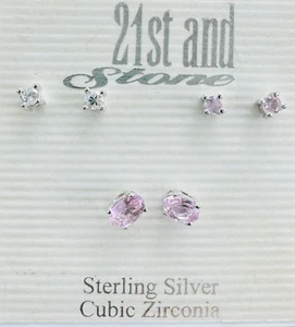 21st and Stone Solid 925 Sterling Silver Stud Earrings Pink Cubic Zirconia 3 Prs - Picture 1 of 3