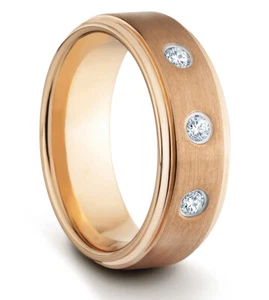 TungstenMasters 8MM/6MM Tungsten Matte Rose Gold Wedding Band Ring w/ CZ Stones - Picture 1 of 4