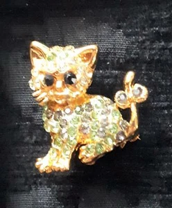 Green Rhinestone cute kitten brooch, NEW & Boxed - cat lover gift - Picture 1 of 2
