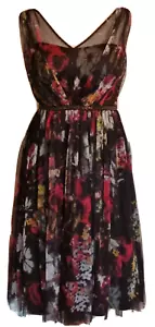 Ladies Occasion Dress Size 12 Black Floral Organza Mesh Midi Prom Womens New - Picture 1 of 16