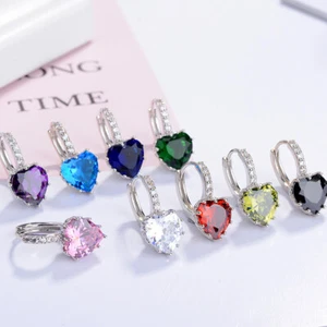 Womens 925 Sterling Silver Hoop Huggie Earrings Heart Zircon Ear Buckle 7 Colour - Picture 1 of 15