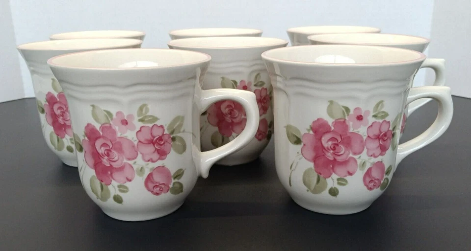 Gibson ROSELAND 856183 Rosa Rosa y Borde Flores Gres 8oz Juego de Tazas 8 Foto 1 de 4