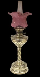 Antique Oil Lamp, Brass Veritas Lamp Works Burner, Cranberry Glass Shade - Picture 1 of 17