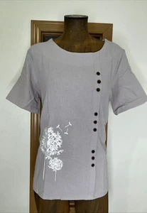 Cotton Shirt Blouse Flower Print Women’s XL Gray Boat Neck Short Sleeves Japan - Picture 1 of 4