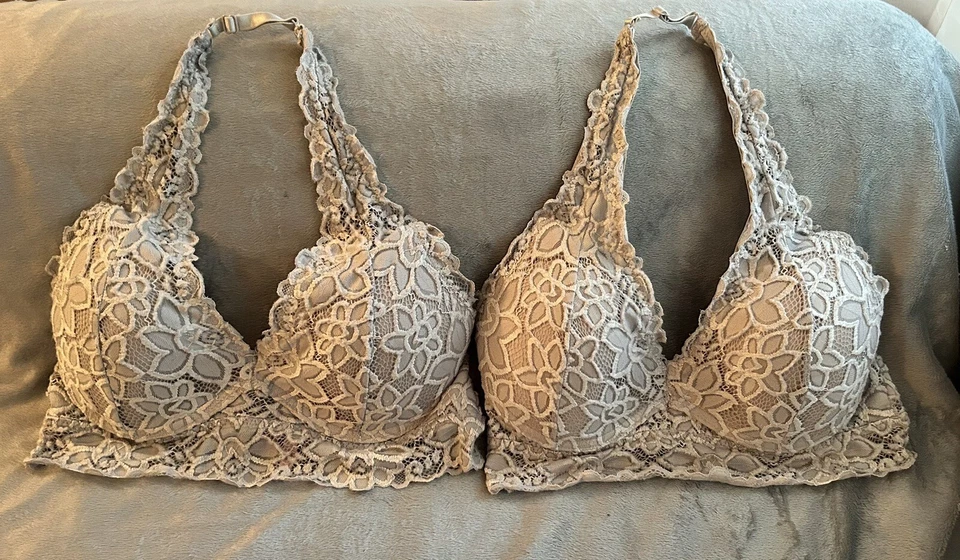 True By Rue 21 Gray Bralette Halter Strap Crochet Lace 2 Bra Lot Size Medium - Image 1 of 4