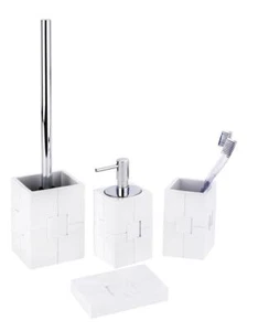 Bad Accessoires Zubehör 4er Set 3D weiß WC Garnitur Seifen Schale Spender Becher - Bild 1 von 5