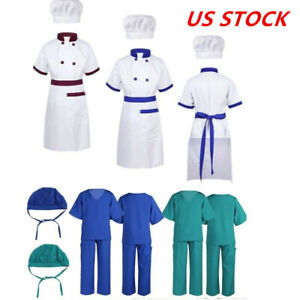 US Kids Boys Girls Chef/Surgeon Outfit Top+Pant Cap Set Cosplay Party Dress Up