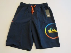Quiksilver Boys L Board Swim Trunks Shorts Mesh Lined Navy Blue Orange Logo - Picture 1 of 5