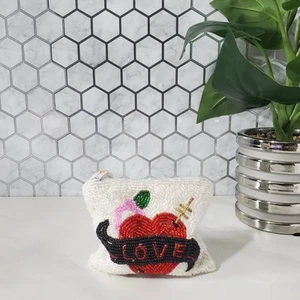 White Beaded Love Coin Change Purse Zip Heart with Arrow and Pink Flower - Picture 1 of 8