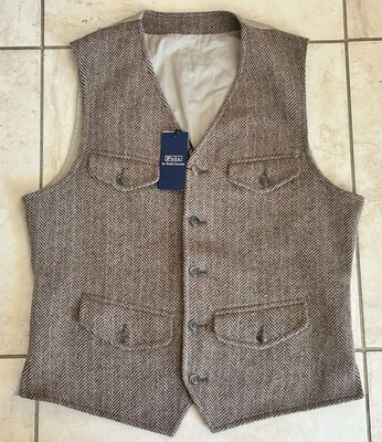 Polo Ralph Lauren Tweed Wool Vest Herringbone Waistcoat Size 40R Brown $498 MSRP - Image 1 of 4