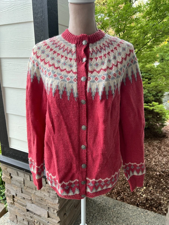 Vintage Handmade Pink Fair Isle Wool Cardigan Sweater L - Image 1 of 4