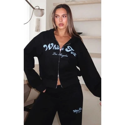 White Fox Through Thick And Thin Boxy Zip Front Hoodie Black Size L/XL - Image 1 of 2