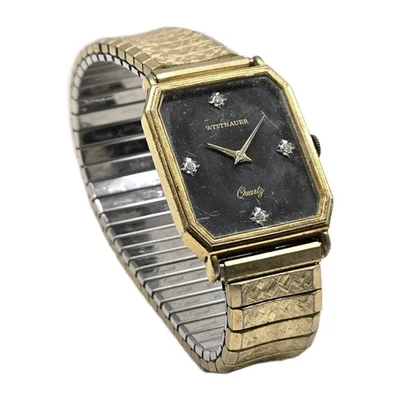 Vintage 1980's Wittnauer 6 Jewel Mens 4 Diamond Marker Black Face Quartz Watch - Image 1 of 4