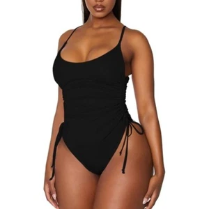 Runched High Cut One Piece Tummy Control Black Monokini Swimsuit Size 2XL - Picture 1 of 5