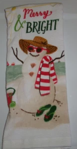 FULL  Multi-color MERRY BRIGHT SNOWWOMAN ON BEACH  Print Cotton  Kitchen Towel - Picture 1 of 1