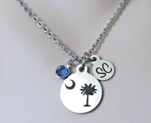 Palmetto Moon Necklace SC Charm & Birthstone, Jewelry South Carolina Palm Tree - Picture 1 of 4