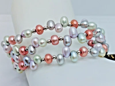 HONORA Multicolored Pearl Sterling Silver Coil Memory Wire Bracelet - Image 1 of 4