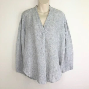 Jac + Jack tunic top size XS blue white pinstripe linen feel long sleeve v neck - Picture 1 of 8