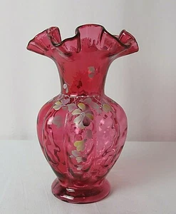 FENTON HAND PAINTED ARTIST SIGNED CRANBERRY VASE WITH FLOWERS C 1980’S - Picture 1 of 7