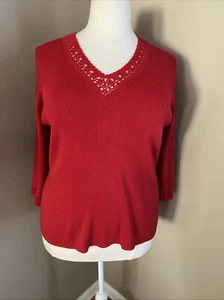 Sag Harbor Red Crochet V Neck & 3/4 Sleeve Sweater Top Woman’s Plus Size 1X - Picture 1 of 9