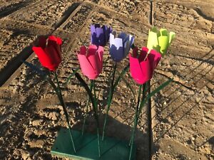 6 recycled metal flower spring collection tulip garden stake yard color 22" tall