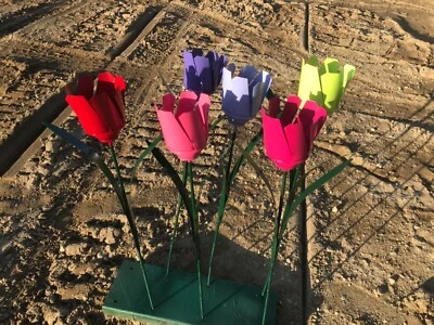 6 recycled metal flower spring collection tulip garden stake yard color 22" tall - Image 1 of 4